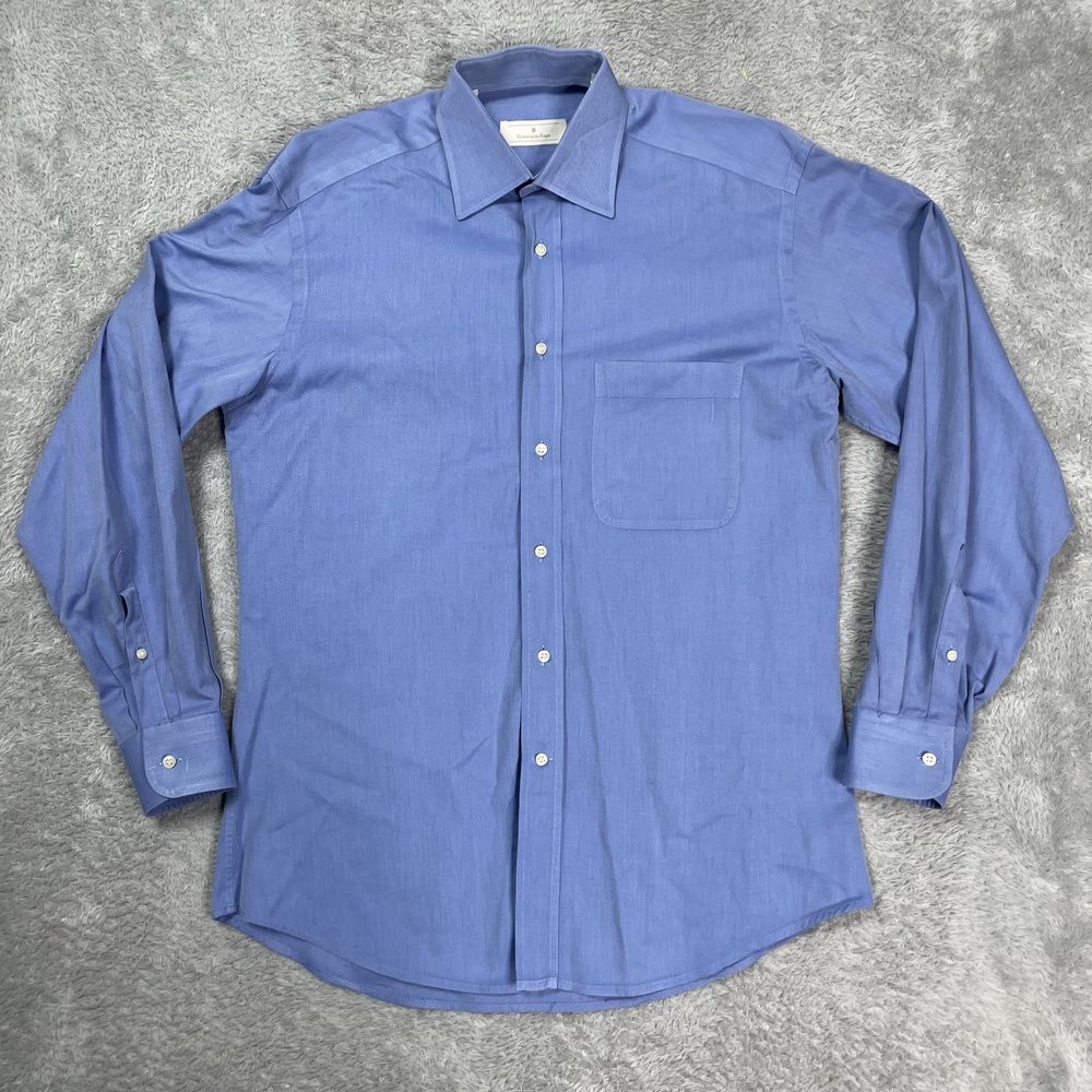 Ermenegildo Zegna Shirt Mens 15 Blue Solid Classic Fit Twill Dress Long Sleeve